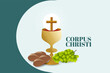 Illustration of template for corpus christi catholic religious holiday, feast day, cross, bread, grapes.