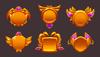 Poster - Golden game award badges, level ui icons. Empty gold frames, banners with wings and pink decor. Isolated medieval style bonus graphic elements, reward, trophy achievement and prize Cartoon vector set