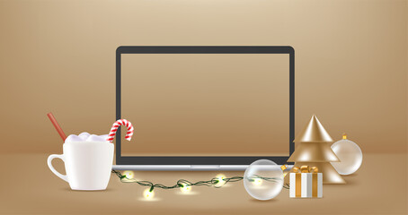 Poster - Modern laptop with empty screen on a table with crhistmas decorations. 3d vector banner with copy space