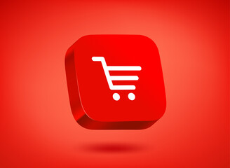 Poster - Shopping cart icon on red background. 3d vector illustration