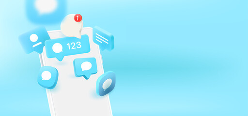Aufkleber - Social media notification bubbles flying to the screen of modern smartphone. 3d vector banner with copy space