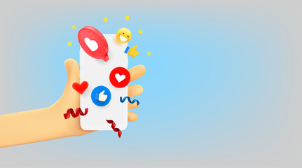 Aufkleber - Man using social mobile application. 3d vector banner with copy space