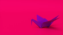 Purple Origami Bird On Pink Background With Copy Space. Modern Design With Folded Paper Bird.