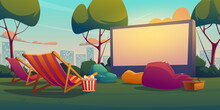 Open Air Cinema Empty Place For Watching Movie. Outdoor Movie Theater On Lawn With Big White Screen, Bean Bag Chairs And Chaises. Vector Cartoon Landscape Of Backyard Or City Public Park