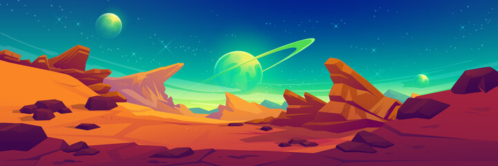 Poster - mars surface, alien planet landscape. space game background with orange ground, mountains, stars, sa