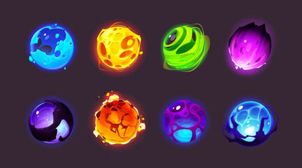 Poster - Magic spheres, shiny energy balls for game interface design. Vector cartoon set of different color glowing orbs, fantasy bright circle signs with light effects isolated on background