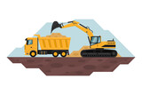 Fototapeta  - Crawler excavator filling a dump truck, heavy machinery used in mining and construction