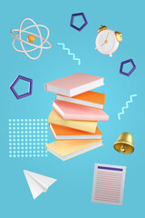 Wall Mural - 3d education concept poster for university and school. Stack of the books, alarm clock, bell, paper plane, atom and note flying on blue background. Realistic 3d high quality render