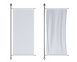 3D White vinyl and textile banner in wind, ad stands on metal poles. Vertical rectangle signboards, fabric promotion posters. Blank billboards displays isolated on background, 3d render mockup set
