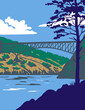 Retro WPA illustration of Deception Pass State Park with Whidbey Island and Fidalgo Island, in Washington State. USA done in works project administration or federal art project style.