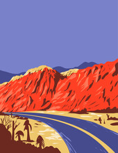 WPA Poster Art Of Red Rock Canyon National Conservation Area In The Mojave Desert With Red Sandstone Peaks And The Keystone Thrust Fault In Nevada USA Done In Works Project Administration Style.