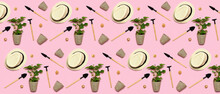 Set Of Gardening Tools With Hats And Plants On Pink Background