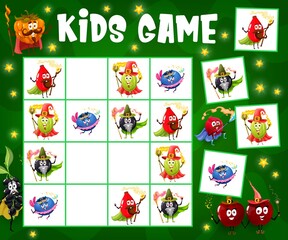 Poster - Cartoon wizard, mage and fairy berry characters. Sudoku game, children puzzle book page vector template, kids educational rebus or quiz worksheet with berries sorcerers personages with magic wands