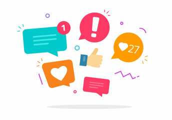 Poster - Social media market concept icon vector for digital strategy element design with chat messages, like speech bubbles notices and sms comment graphic flat cartoon illustration on white image