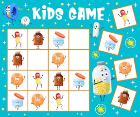 Poster - Sudoku kids game worksheet with cartoon syrup, adhesive plaster, ointment and pill characters. Vector block puzzle, maze or logic quiz of children education with cute medication bottles and capsules