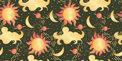 Wall Mural - Celestial seamless pattern with sun, moon and stars. Magic astrology in boho vintage style. Mystical pagan golden sun with planets and clouds. Vector illustration