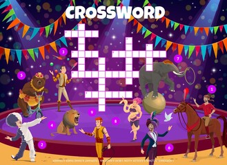 Poster - Shapito circus animals, trainers, performers crossword grid worksheet. Find a word vector quiz puzzle game on circus stage background with cartoon clown, magician, juggler and horse rider characters