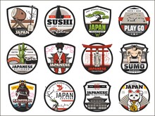 Japan Isolated Icons With Vector Japanese Sushi Food, Bonsai And Samurai, Geisha, Sake And Sakura, Pagoda, Drum And Torii Gate. Japanese Travel Landmark, Oriental Culture And Asian Tradition Badges