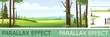 Panoramic view from coniferous forest with parallax effect. Beautiful summer landscape with trees. Green pines and ate. Illustration in cartoon style flat design. Vector