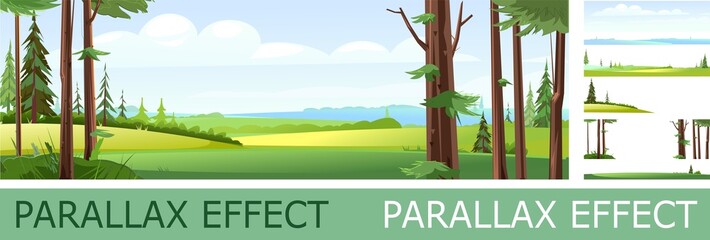 Wall Mural - panoramic view from coniferous forest with parallax effect. beautiful summer landscape with trees. g