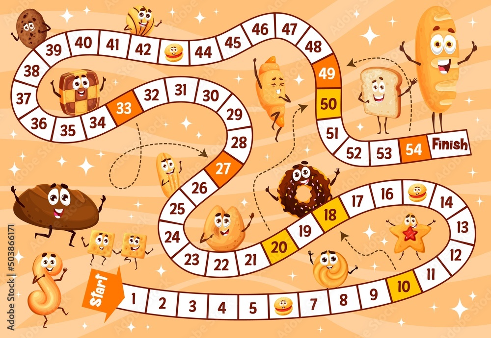 Kids board game. Cartoon bakery and cookies characters. Child roll and ...