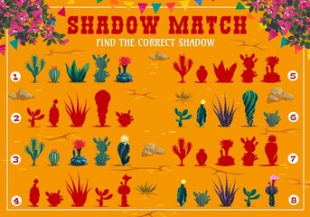 Poster - Shadow match game vector worksheet with mexican cactuses succulents in desert. Matching puzzle, kids education quiz, attention test or memory riddle with cactus silhouettes, flags and bougainvillea