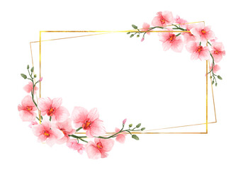 Wall Mural - Pink Orchid Flowers watercolor border for wedding, greeting or invitation card isolated. Luxury vintage flowers with shiny gold frame for summer or spring template. Vector illustration