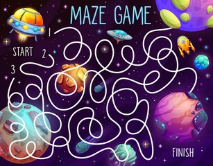Aufkleber - Cartoon space galaxy planets, ufo and alien starships labyrinth maze game. Kids vector boardgame worksheet with tangled path, start and finish in cosmos. Educational preschool children riddle task