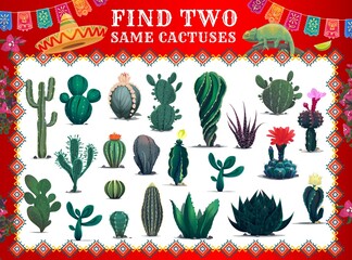 Aufkleber - Mexican cactuses, find two same cartoon prickly succulent plants game worksheet. Vector educational riddle for kids leisure activity with cacti of Mexico. Children brainteaser with tropical flora