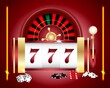 Golden casino slot with poker chips, roulette and cards.