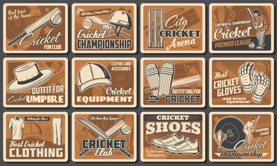 Wall Mural - Cricket club sport retro posters, play equipment and tools ball, bat and wicket, vector. Cricket players garment accessory, protective helmet, stump on arena field, pitch and cricketer batsman outfit