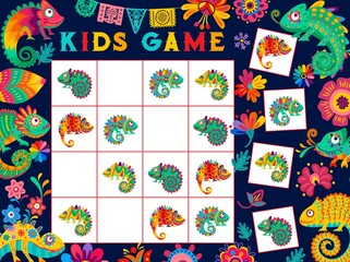 Wall Mural - Cartoon mexican chameleons and flowers on kids sudoku game worksheet. Kindergarten kids playing activity, children logical puzzle vector worksheet. Child educational quiz with mexico jungle lizard