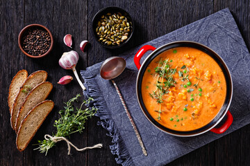 Canvas Print - roast sweet potato and carrot soup with green peas