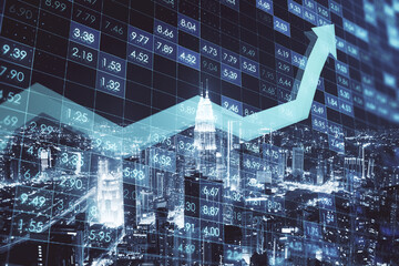 Wall Mural - Creative digital financial numbers or index data on blurry city wallpaper with growing arrow. Stock market and growth concept. Double exposure.