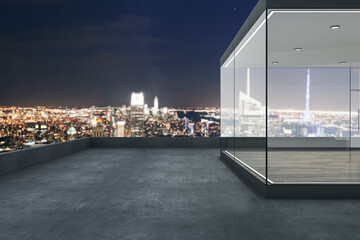 Poster - Contemporary glass balcony with panoramic night city view and mock up place. Luxury lifestyle concept. 3D Rendering.