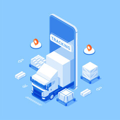 Wall Mural - Logistic transportation online tracking smartphone app isometric banner vector illustration. Cargo truck delivery internet navigation smart location route distribution global positioning system