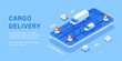© Виктория Суханова - Cargo delivery tracking smartphone application online GPS map service isometric banner vector illustration. International city logistic app freight shipment commercial courier parcel transportation