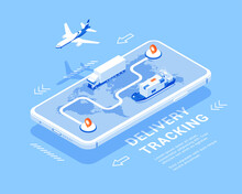 International Freight Delivery Smartphone Application Tracking Banner Isometric Vector Illustration. Global Air Truck Maritime Ship Cargo Transportation Logistic Service GPS Location Technology