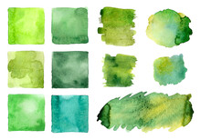 Set Of Green Watercolor Blots, Splatters, Washes, Backgrounds And Palette. Decoration Illustration In Tropical Jungle Or Nature Style With Texture. Wet Hand Painted Design Elements For Invitation Card