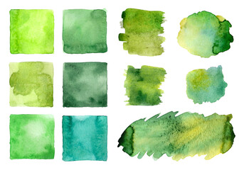 Set of green watercolor blots, splatters, washes, backgrounds and palette. Decoration illustration in tropical jungle or nature style with texture. Wet hand painted design elements for invitation card