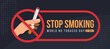 Stop smoking world no tobacco day text and hand hold cigarettes in red circle stop symbol on abstract dark dot texture background vector design