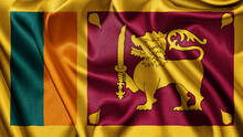 Close Up Realistic Texture Fabric Textile Silk Satin Flag Of Sri Lanka Waving Fluttering Background. National Symbol Of The Country. 4th Of February, Happy Day Concept
