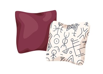 Poster - Interior cushions design. Soft square decorative pillows for sofa, bed. Comfy home decor with plain fabric and geometry pattern pillowcases. Flat vector illustration isolated on white background