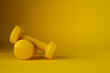 © Longfin Media - Two heavy dumbbells for workout, with copy space on yellow background. Gym composition, fit exercise at home.