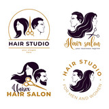 Fototapeta  - Set of unisex hair salon logotype. Face man, woman, and  silhouette scissors. 
