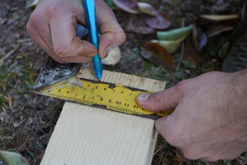 Carpenter is measuring length of wood plank by ruler. Close up of male hands measuring wood 