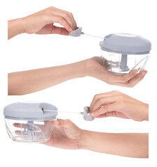 Set of Hand holding Manual food chopper Isolated on White Background.