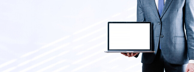 Business man computer screen. Businessman holding notebook. Empty blank mockup laptop screen on white background. Monitor template for mock up.