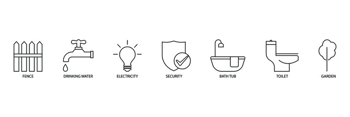 Wall Mural - real estate icon set fence, bathtub, toilet, fence, drinking water, electricity, security
