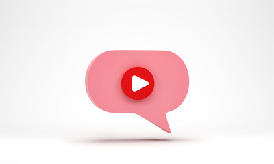 Poster - 3d rendering, 3d illustration. play video icon in chat speech bubble isolated on white background.